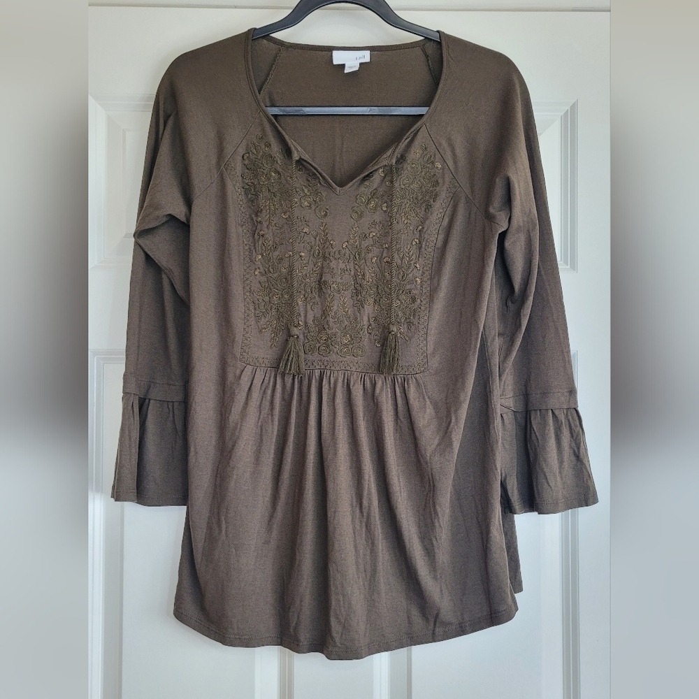 J. Jill Forest Green Embroidered Peplum Knit Tunic Top - Size S